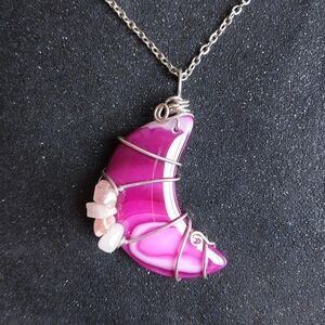 Pink agate crecsent moon wire wrapped silver necklace quartz accents New